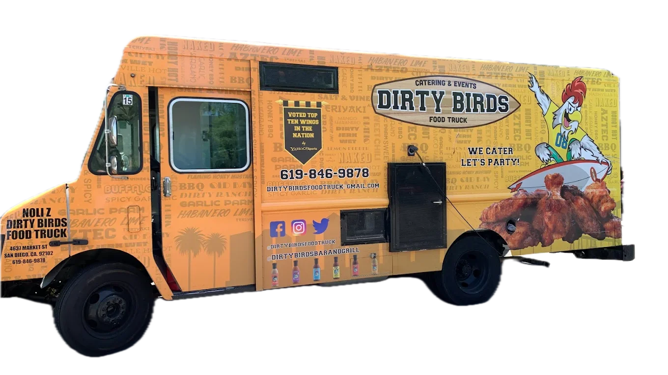 The orange Dirty Birds wing food truck with its surfing rooster mascot